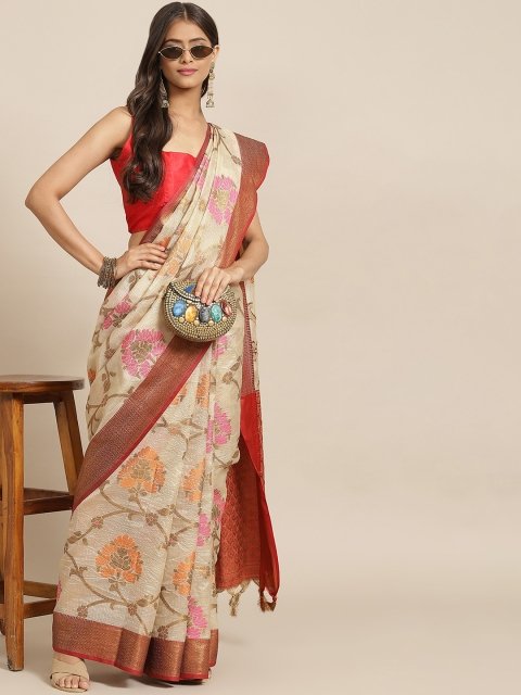 Silk Land Beige & Maroon Floral Woven Design Zari Jute Silk Tussar Saree