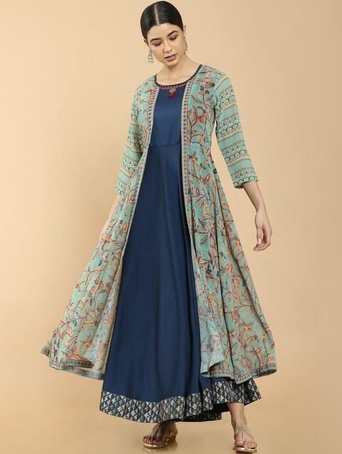 Soch Women Blue & Green Floral Printed Georgette Anarkali Kurta