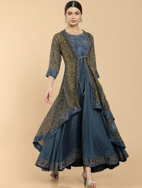 Soch Women Blue & Green Floral Printed Layered Georgette Kurta