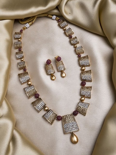 StileAdda Gold Plated AD Stoned Studded Haram & Earrings Set