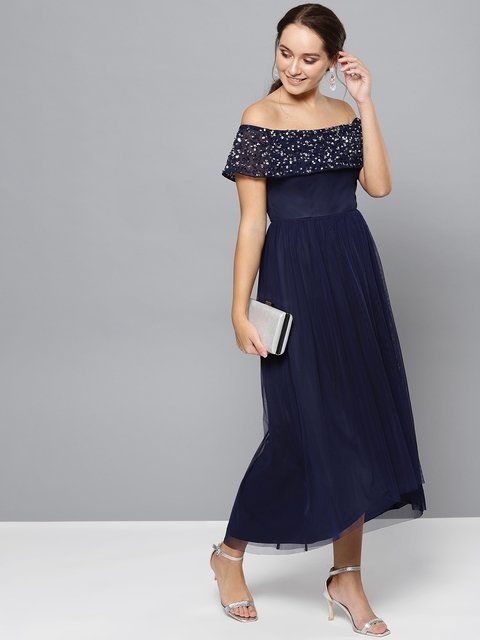 STREET 9 Women Navy Blue Embellished Detail Off-Shoulder Maxi Dress