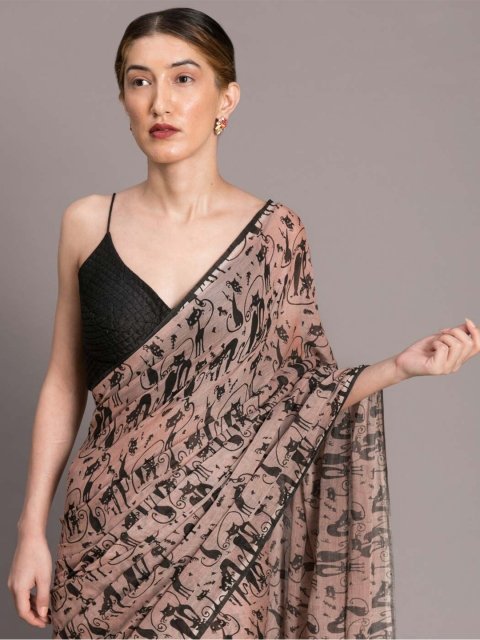 Suta Beige Black Pure Mul Cotton Printed Saree - Image 4