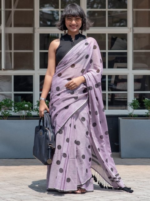Suta Lavender & Black Polka Printed Pure Cotton Saree