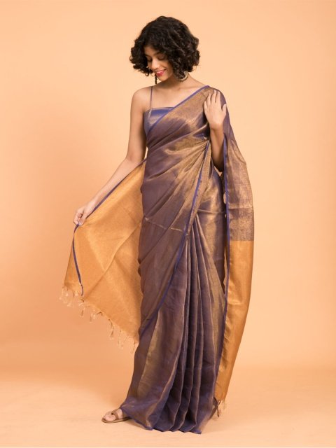 Suta Purple & Gold-Toned Zari Pure Linen Saree - Image 2
