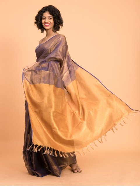 Suta Purple & Gold-Toned Zari Pure Linen Saree - Image 3