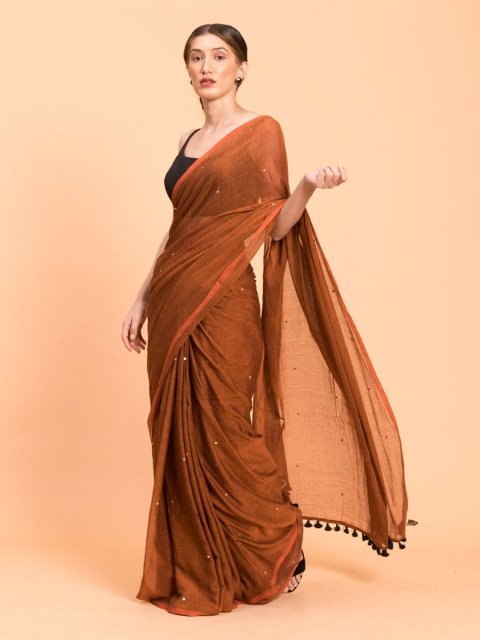 Suta Rust Embellished Sequinned Pure Cotton Saree - Image 3