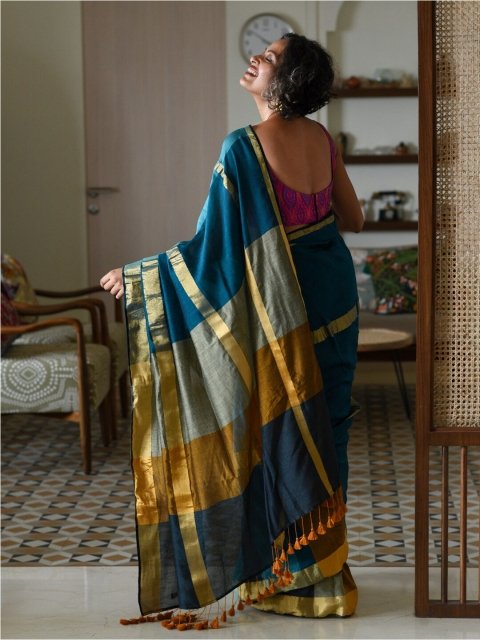 Suta Teal blue & Yellow Colourblocked Zari Saree - Image 3