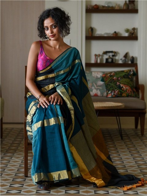 Suta Teal blue & Yellow Colourblocked Zari Saree - Image 4