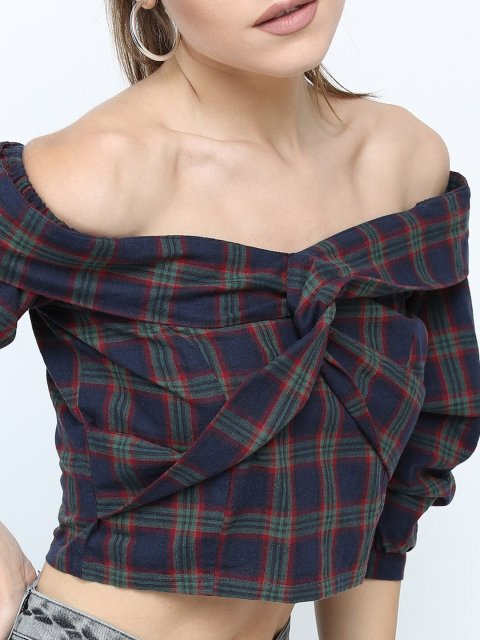 Tokyo Talkies Navy Blue & Red Checked Off-Shoulder Bardot Crop Top - Image 3