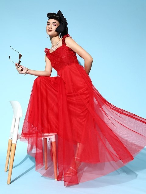 U&F Women Charming Red Solid Elevated Gown Dress