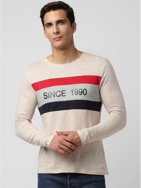 UrbanMark Mens Regular Fit Round Neck Full Sleeves Colorblock T Shirt -Beige & Grey