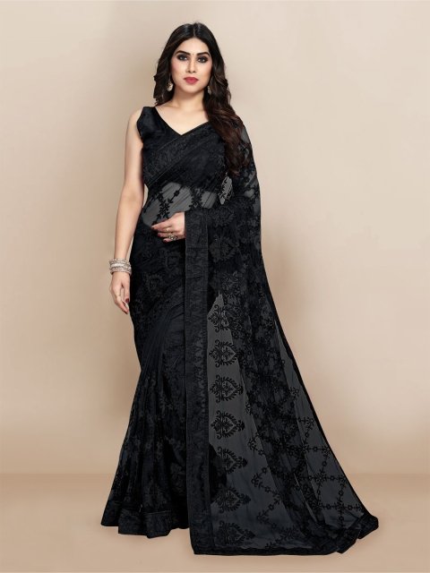 Mandara Black Floral Net Saree