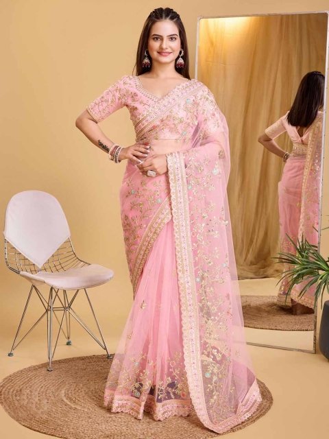 Mandara Floral Embroidered Net Saree