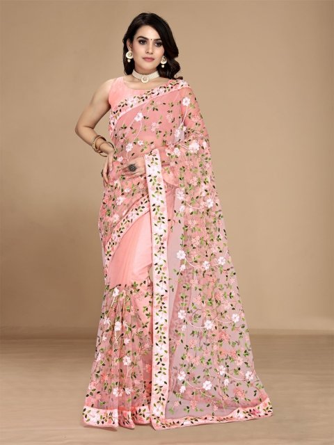 Mandara Floral Embroidered Net Saree
