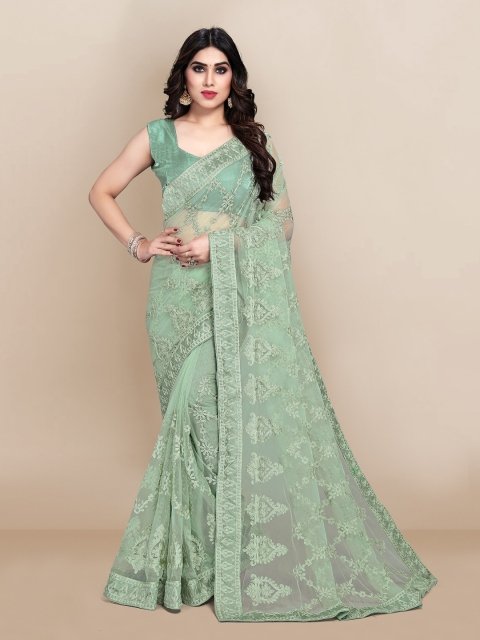 Mandara Green Ethnic Motifs Embroidered Net Saree