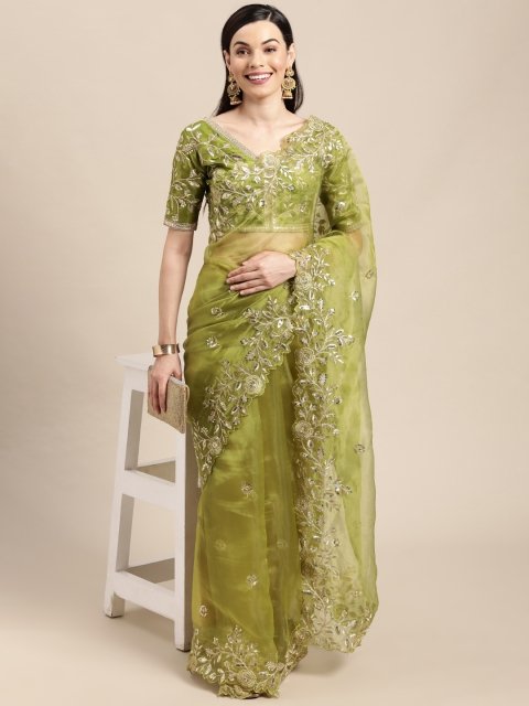 Mandara Green & Gold Floral Sequinned Organza Saree