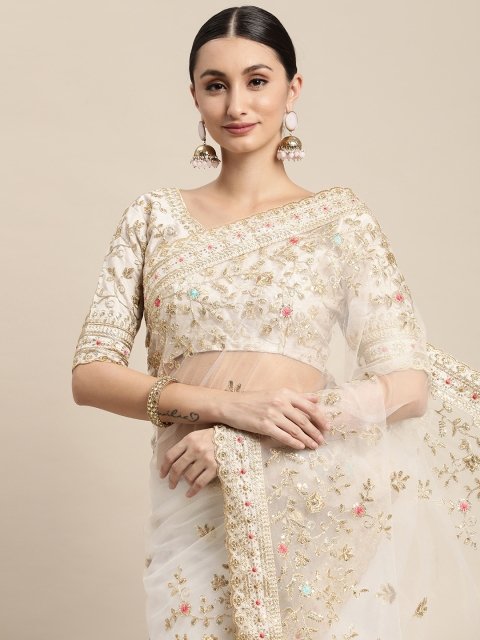 Mandara Off White Floral Embroidered Net Saree