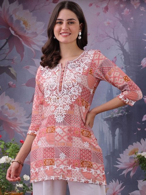 Nakshatra Heritage Floral Printed Notch Neck Chikankari Pure Cotton Straight Kurti