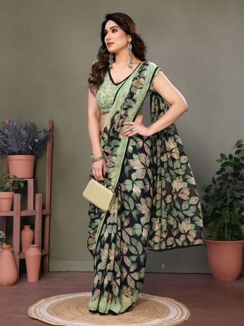 Mandara Floral Poly Chiffon Block Print Saree