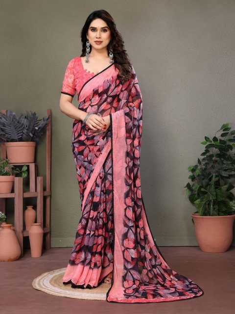 Mandara Floral Poly Chiffon Heavy Work Saree