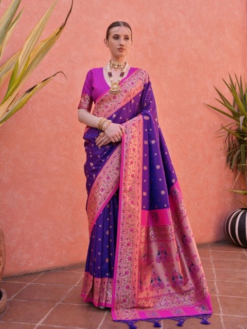 VISHNU WEAVES Woven Design Zari Pure Silk Paithani Saree