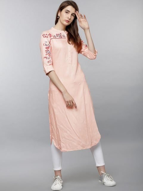 Vishudh Women Peach-Coloured Embroidered Straight Kurta