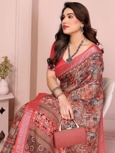 Mandara fashion Brown Linen Blend Printed Sarees