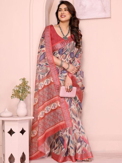 Mandara fashion Red Linen Blend Printed Sarees