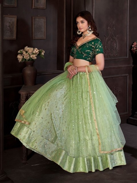 Nakshatra Ent Embroidered Sequinned Net Semi-Stitched Lehenga & Unstitched Blouse & Dupatta